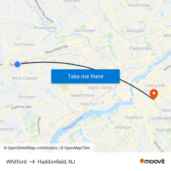 Whitford to Haddonfield, NJ map