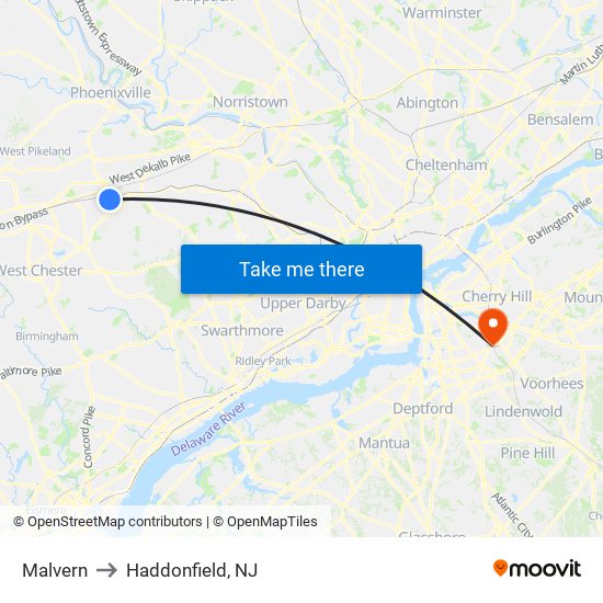 Malvern to Haddonfield, NJ map