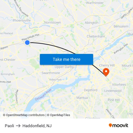 Paoli to Haddonfield, NJ map