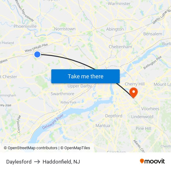 Daylesford to Haddonfield, NJ map