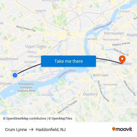 Crum Lynne to Haddonfield, NJ map