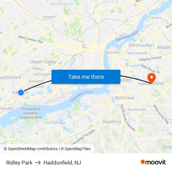 Ridley Park to Haddonfield, NJ map