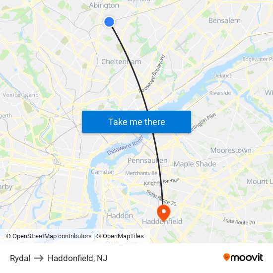 Rydal to Haddonfield, NJ map