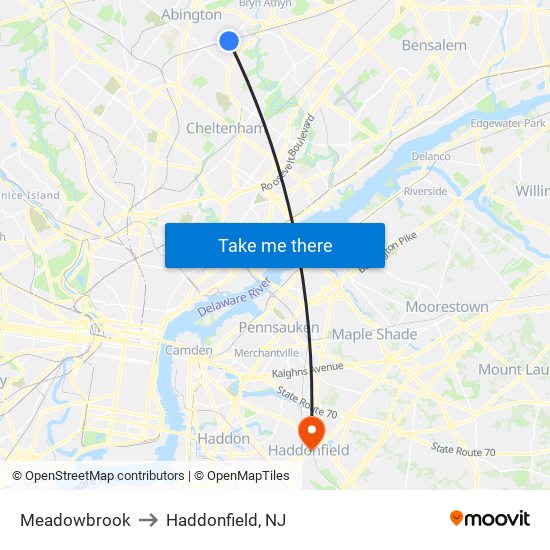 Meadowbrook to Haddonfield, NJ map