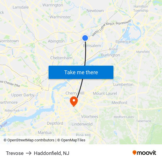 Trevose to Haddonfield, NJ map