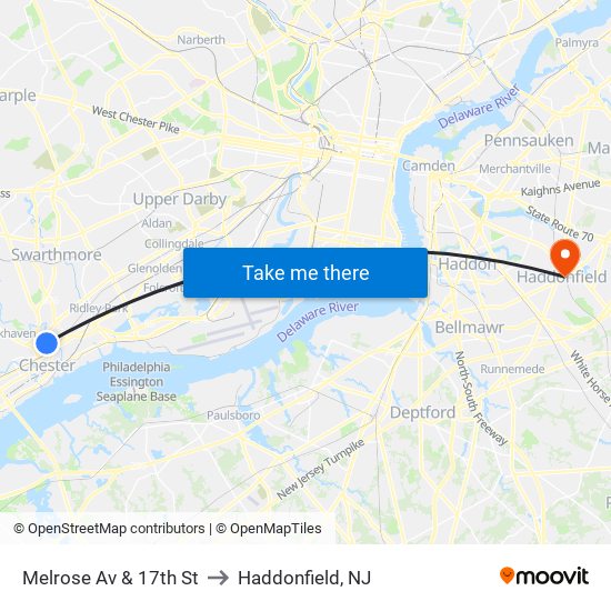 Melrose Av & 17th St to Haddonfield, NJ map