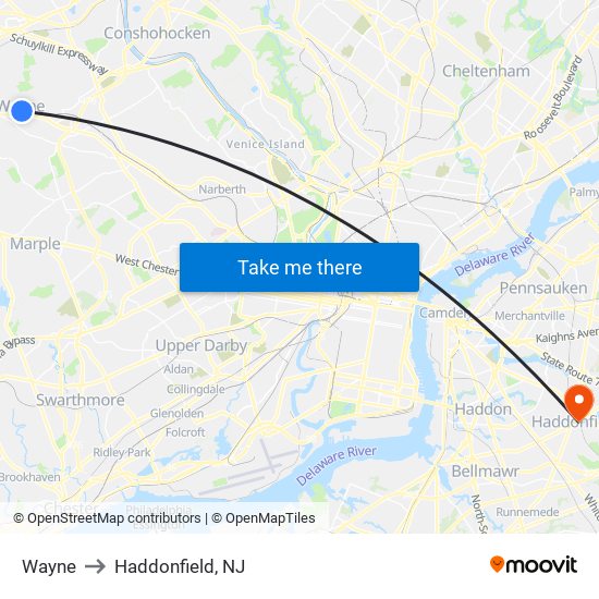 Wayne to Haddonfield, NJ map