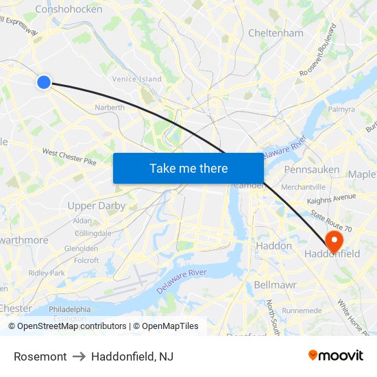 Rosemont to Haddonfield, NJ map