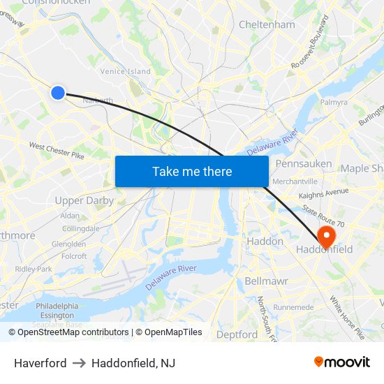 Haverford to Haddonfield, NJ map