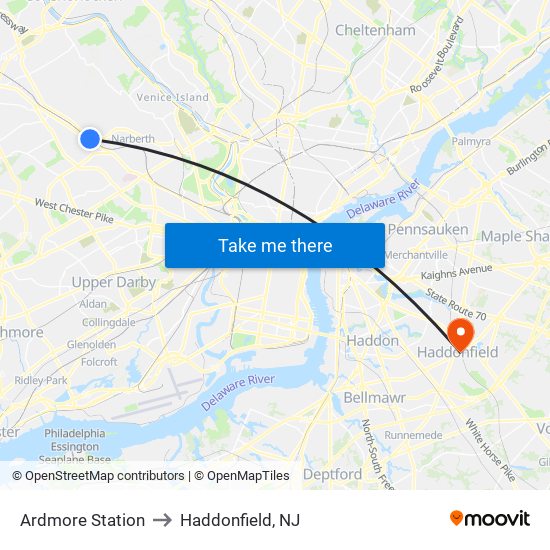 Ardmore Station to Haddonfield, NJ map