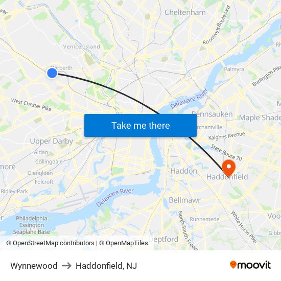 Wynnewood to Haddonfield, NJ map