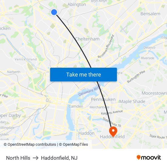 North Hills to Haddonfield, NJ map