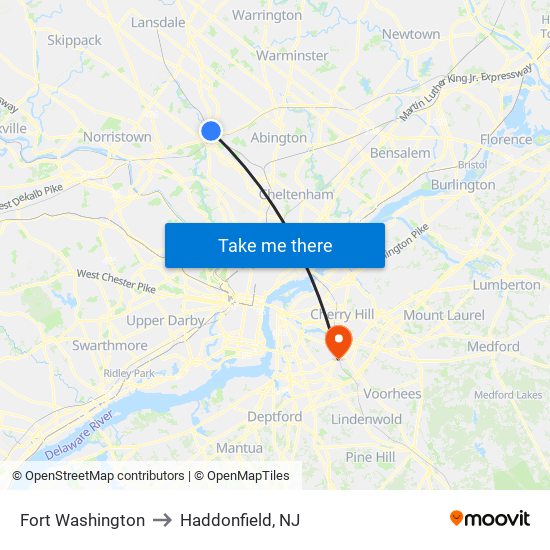 Fort Washington to Haddonfield, NJ map