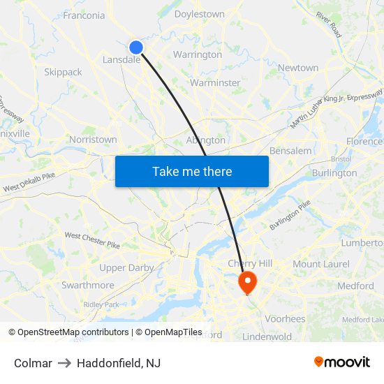 Colmar to Haddonfield, NJ map