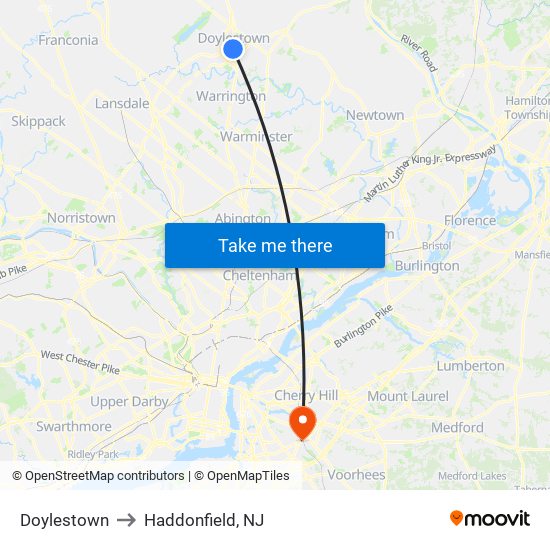 Doylestown to Haddonfield, NJ map