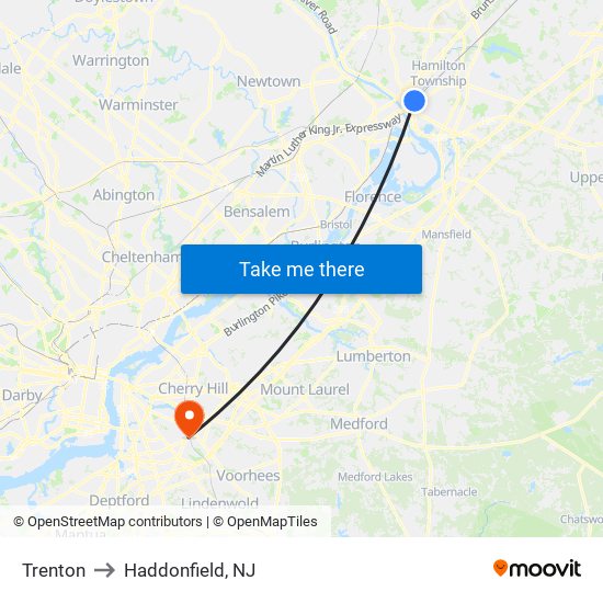 Trenton to Haddonfield, NJ map