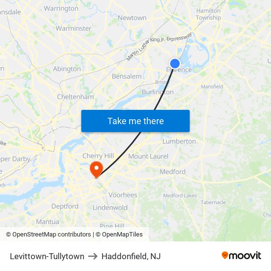 Levittown-Tullytown to Haddonfield, NJ map