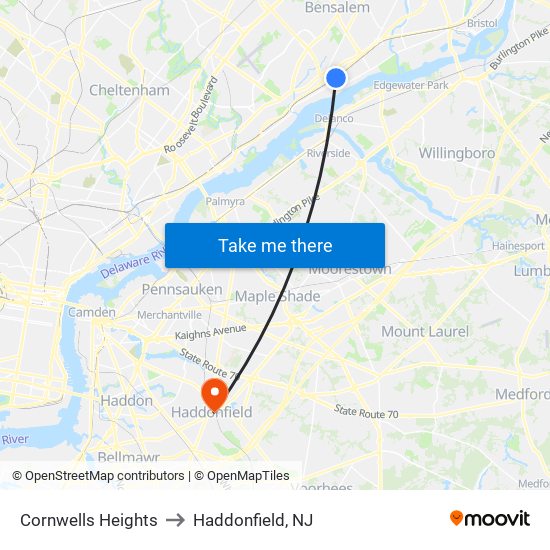Cornwells Heights to Haddonfield, NJ map