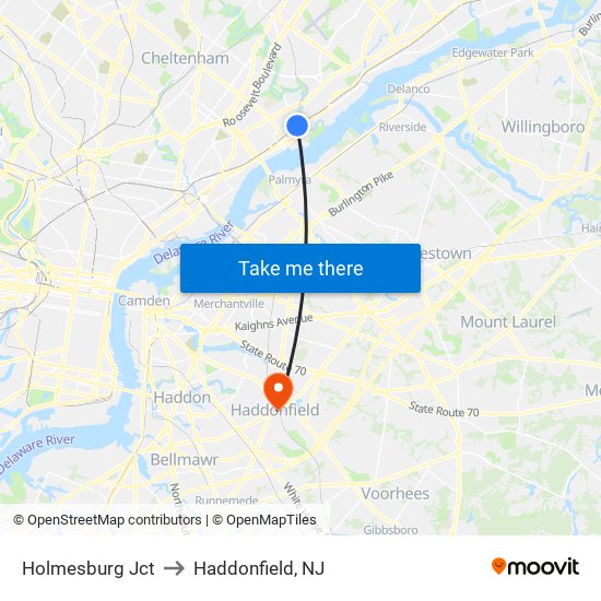Holmesburg Jct to Haddonfield, NJ map