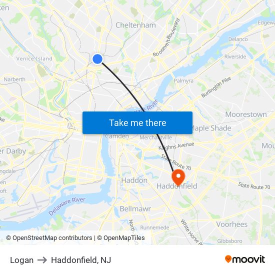 Logan to Haddonfield, NJ map