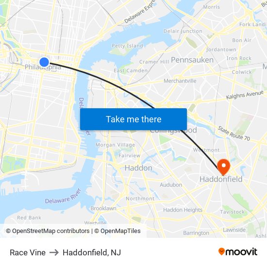 Race Vine to Haddonfield, NJ map