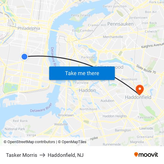 Tasker Morris to Haddonfield, NJ map