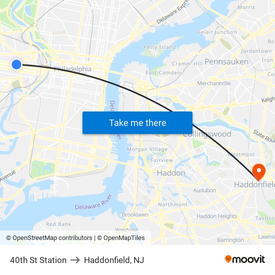 40th St Station to Haddonfield, NJ map