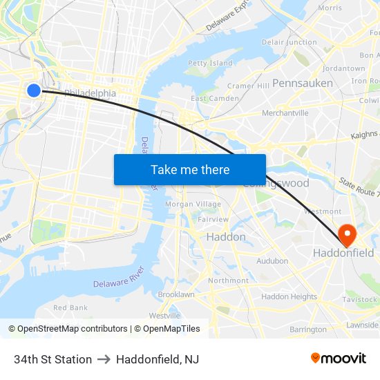 34th St Station to Haddonfield, NJ map
