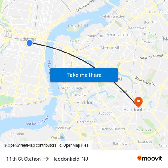 11th St Station to Haddonfield, NJ map