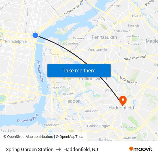 Spring Garden Station to Haddonfield, NJ map