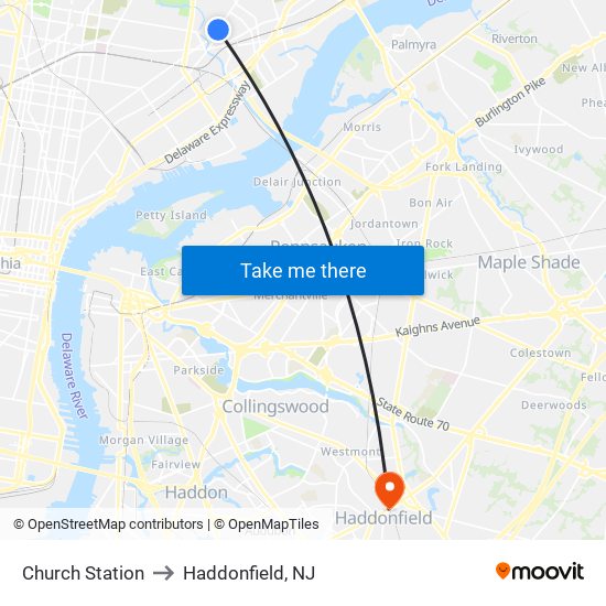 Church Station to Haddonfield, NJ map