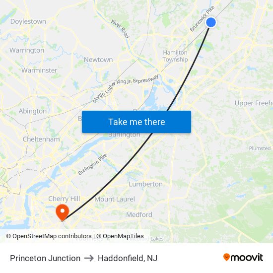 Princeton Junction to Haddonfield, NJ map