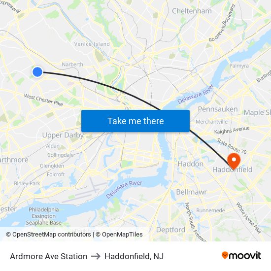 Ardmore Ave Station to Haddonfield, NJ map