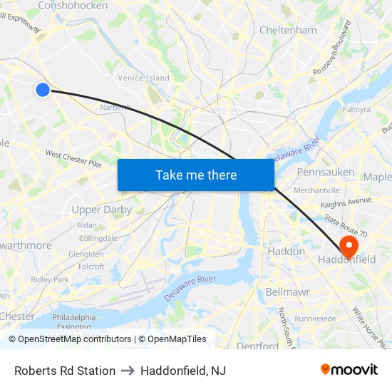 Roberts Rd Station to Haddonfield, NJ map