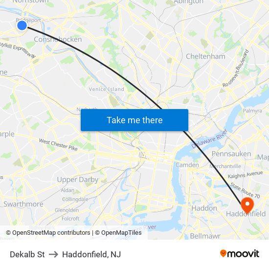 Dekalb St to Haddonfield, NJ map