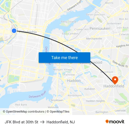 JFK Blvd at 30th St to Haddonfield, NJ map