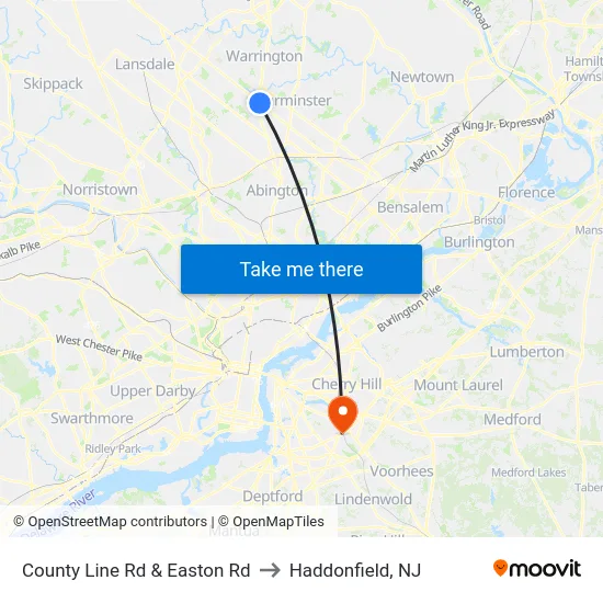 County Line Rd & Easton Rd to Haddonfield, NJ map