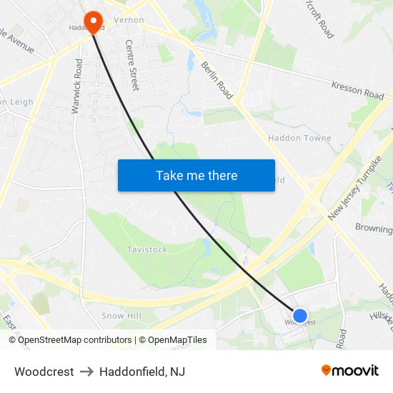 Woodcrest to Haddonfield, NJ map