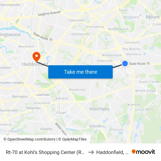 Rt-70 at Kohl's Shopping Center (Rt 73) to Haddonfield, NJ map