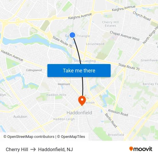 Cherry Hill to Haddonfield, NJ map