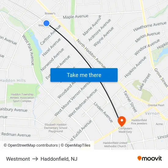 Westmont to Haddonfield, NJ map