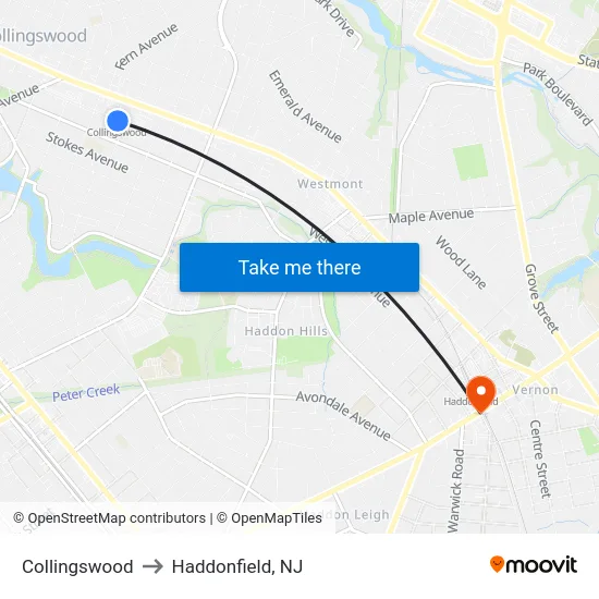 Collingswood to Haddonfield, NJ map