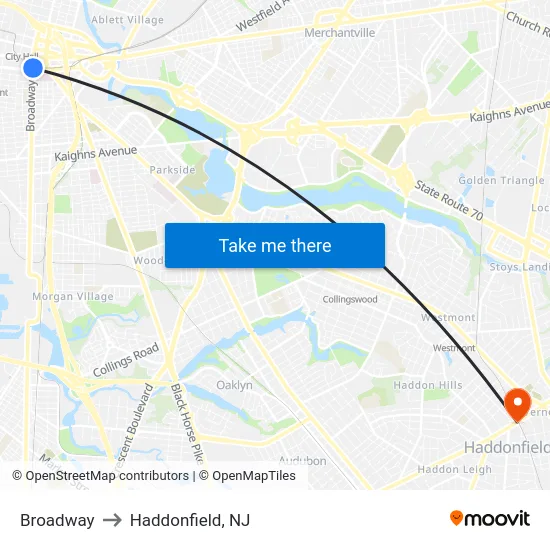 Broadway to Haddonfield, NJ map