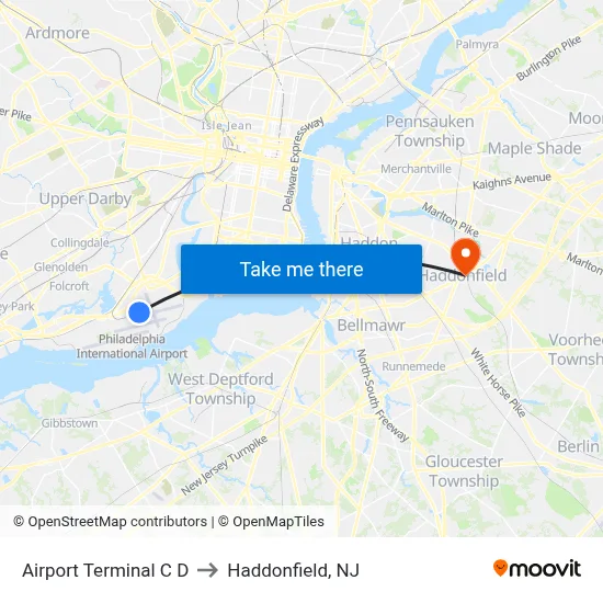 Airport Terminal C D to Haddonfield, NJ map