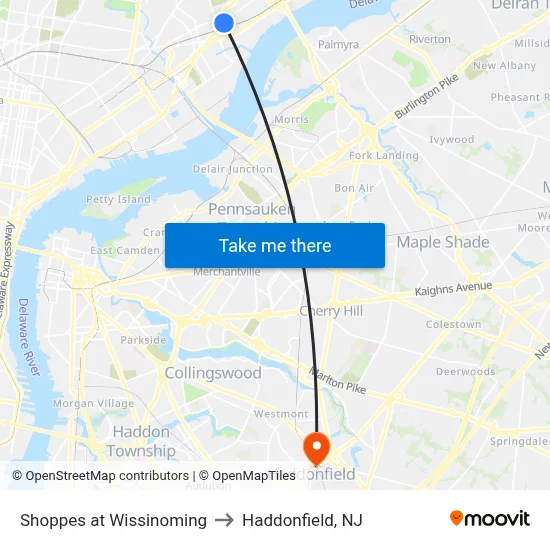 Shoppes at Wissinoming to Haddonfield, NJ map