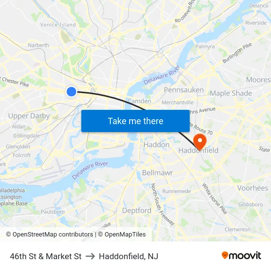 46th St & Market St to Haddonfield, NJ map