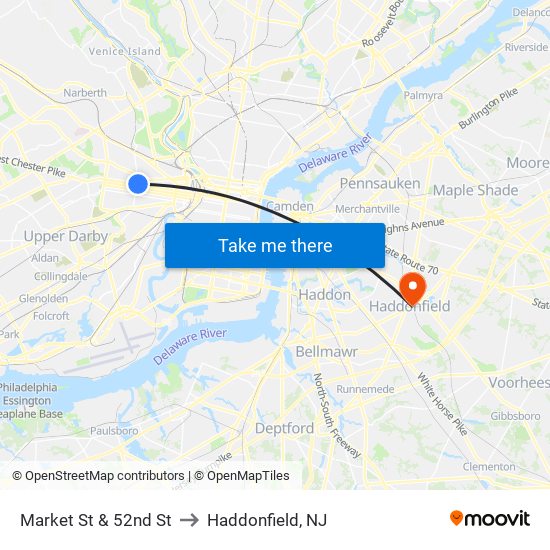 Market St & 52nd St to Haddonfield, NJ map