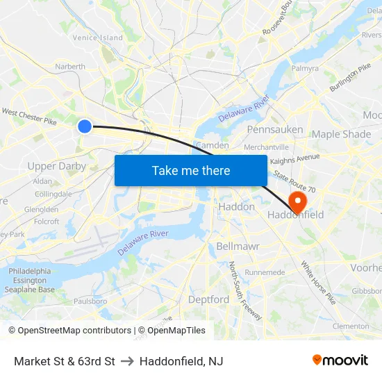 Market St & 63rd St to Haddonfield, NJ map