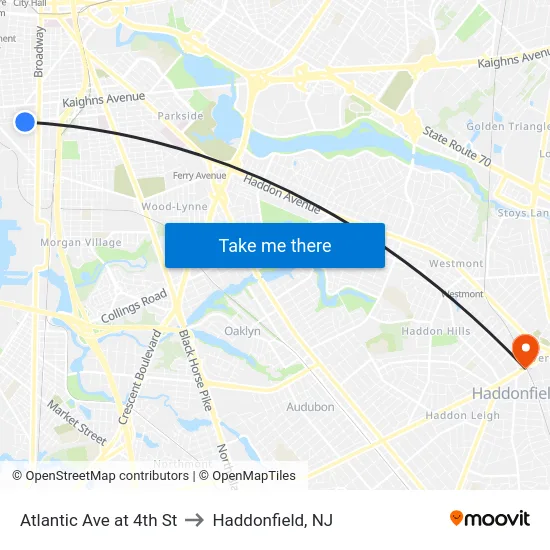 Atlantic Ave at 4th St to Haddonfield, NJ map