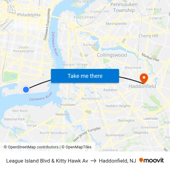 League Island Blvd & Kitty Hawk Av to Haddonfield, NJ map
